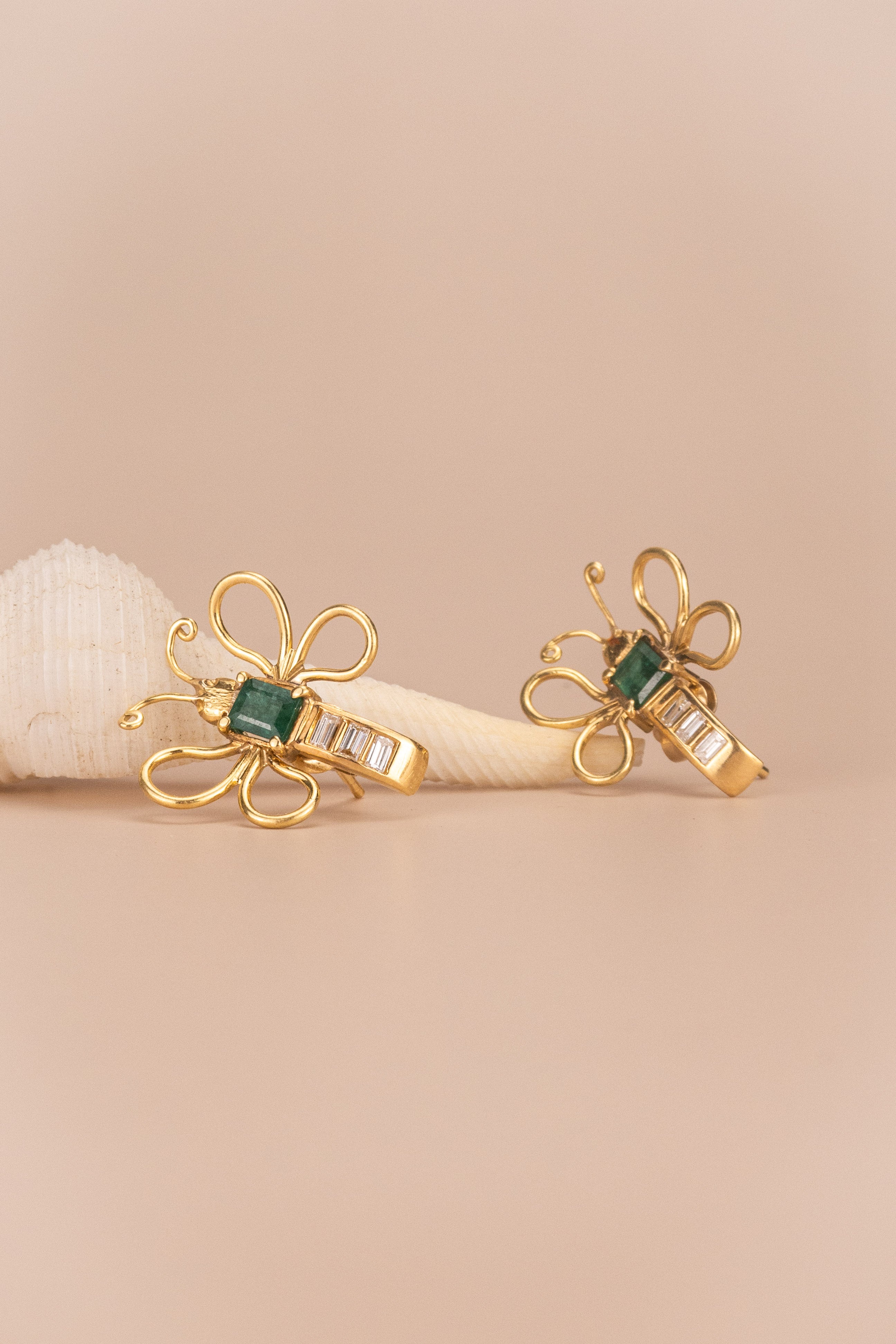 18ct Yellow Gold Emerald and Diamond Butterfly Earrings