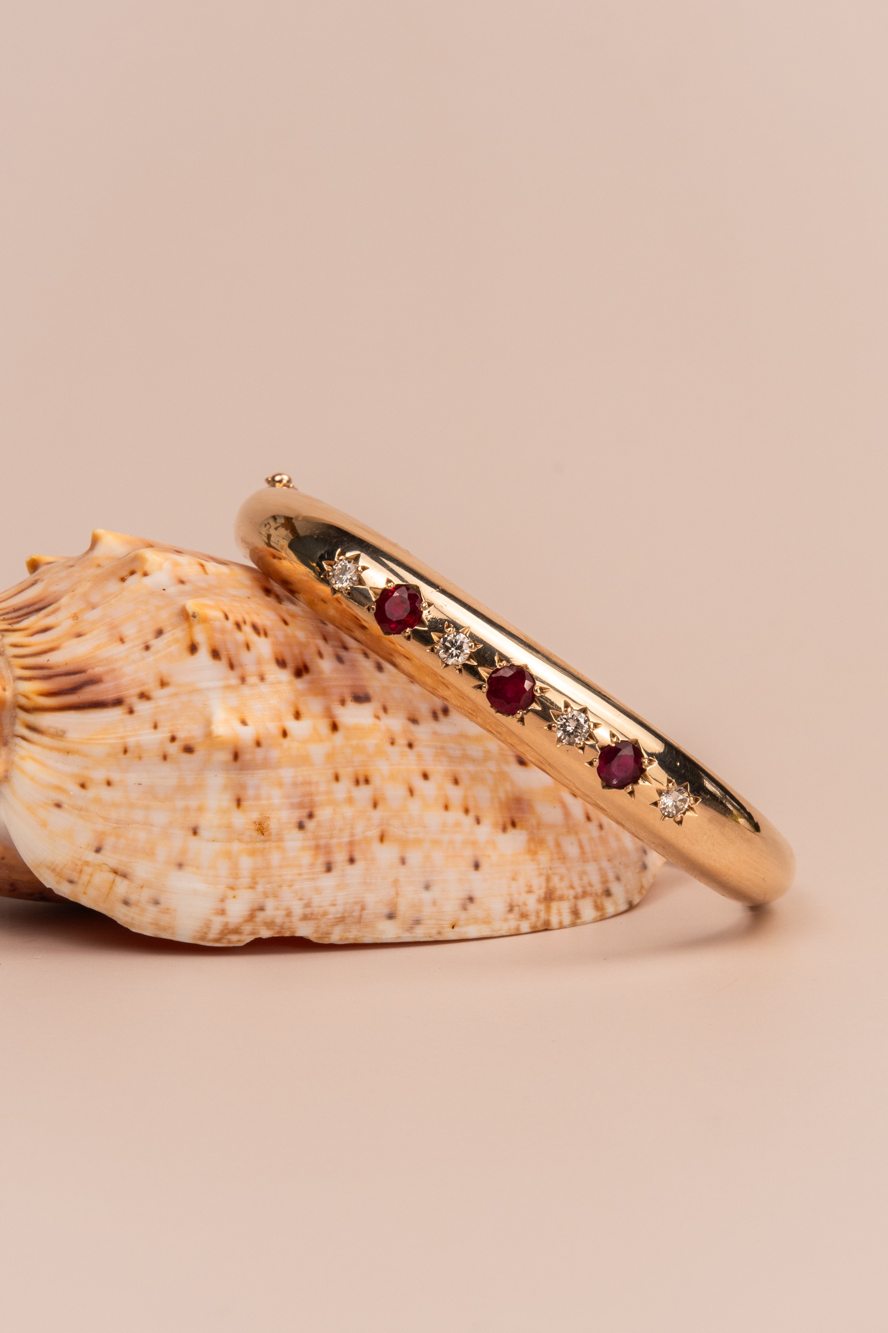 9ct Yellow Gold Pigeon Blood Ruby & Diamond Bangle