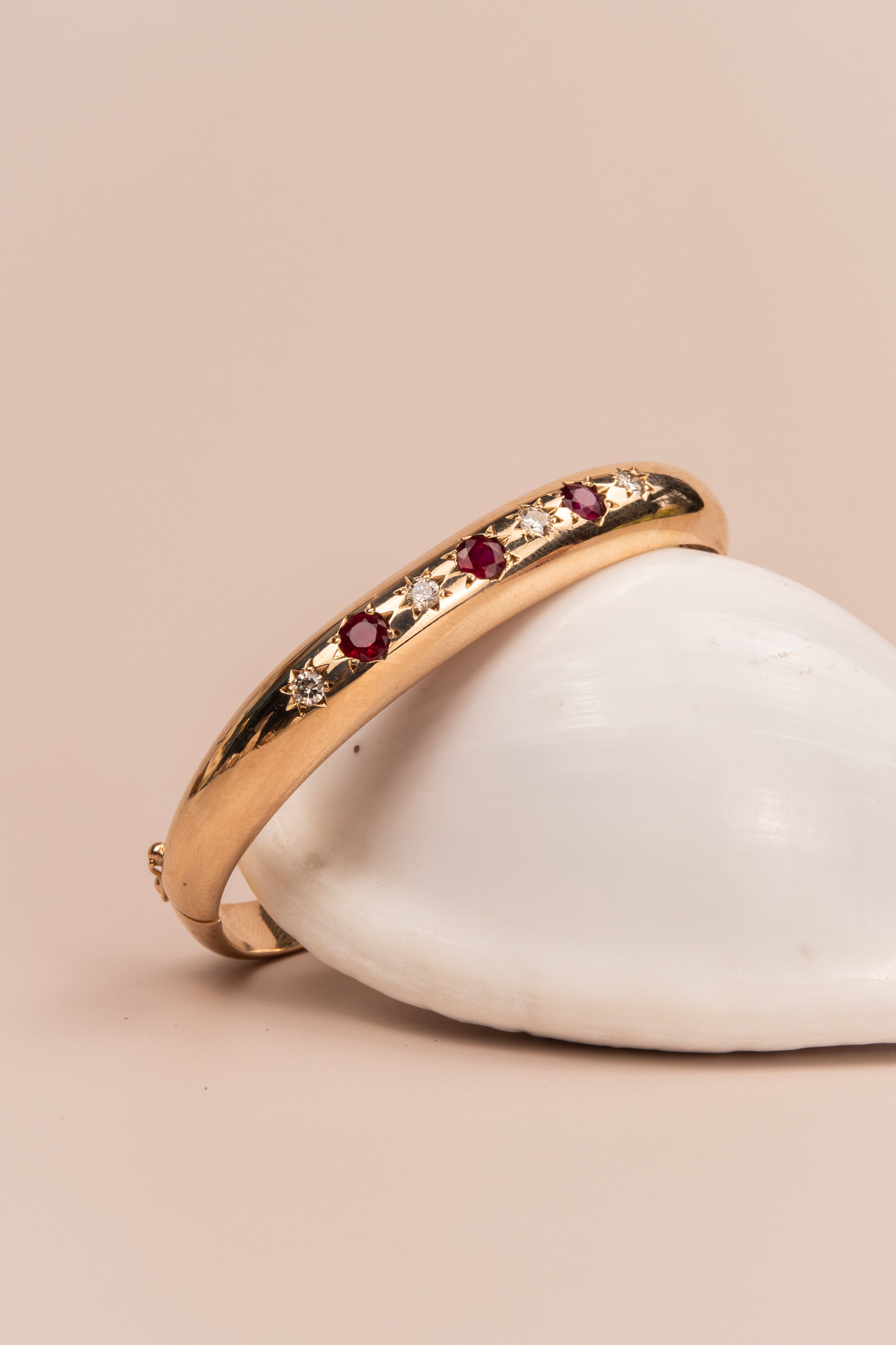 9ct Yellow Gold Pigeon Blood Ruby & Diamond Bangle