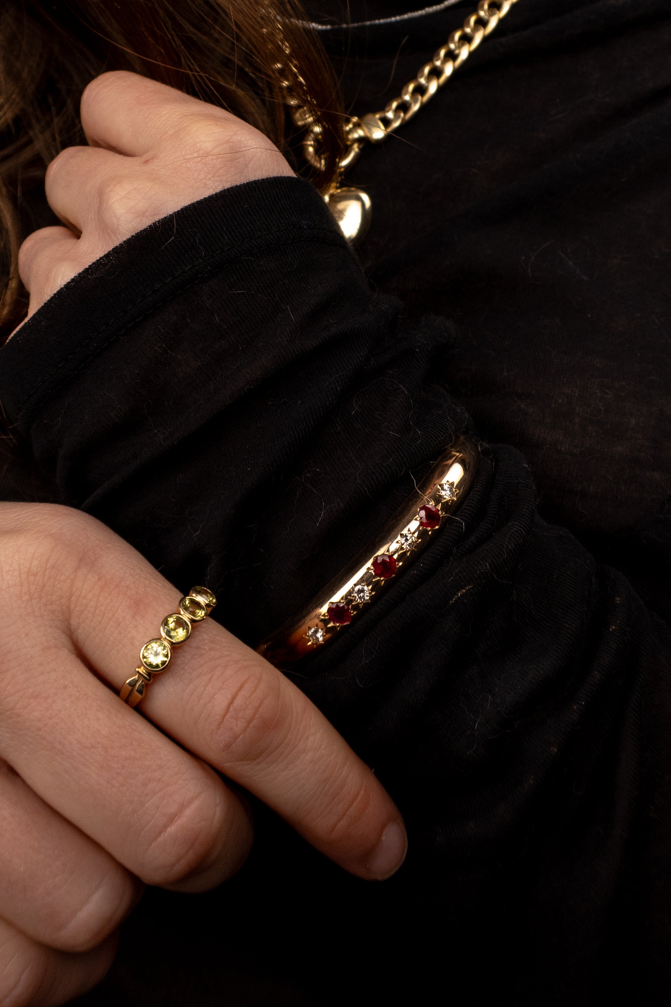 9ct Yellow Gold Pigeon Blood Ruby & Diamond Bangle