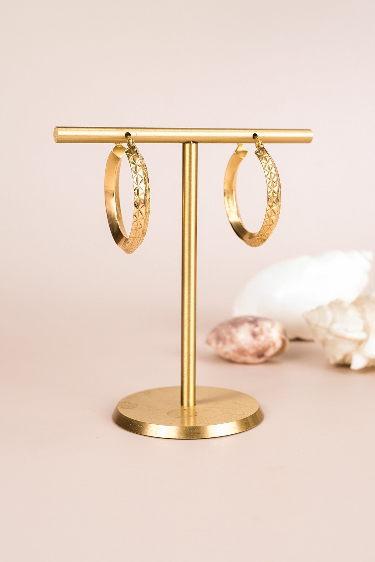 9ct Yellow Gold Knife Edge Etched Hoop Earrins